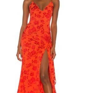 Gorgeous NBD Evangeline Floral Lined Maxi iDress in Red Orange, sexy slit Sz XS